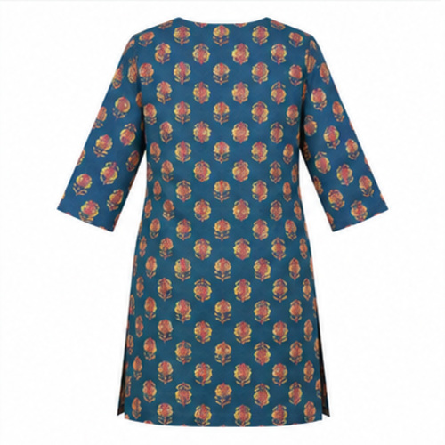 Teal Floral Printed Straight Kurti - Image 3