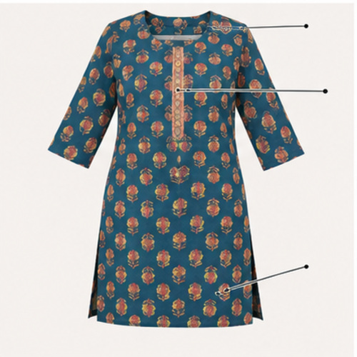Teal Floral Printed Straight Kurti - Image 7