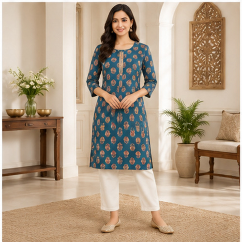 Teal Floral Printed Straight Kurti - Image 8