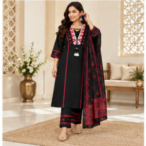 Women's Black Embroidered  ethnic motif Kurti Set with Bottom & Dupatta