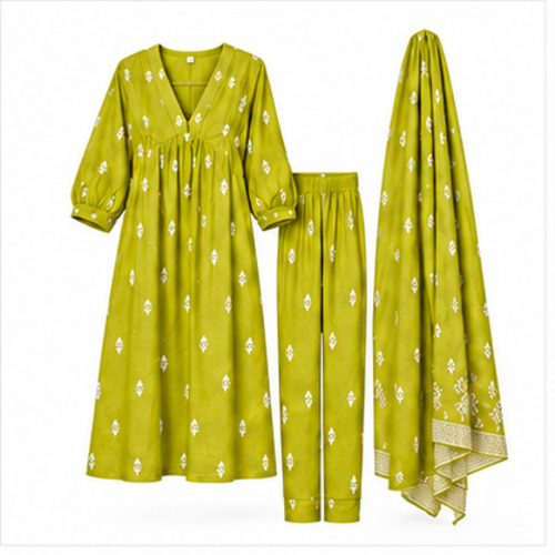 Women's Lime Mustard Green All-over printed motif Kurti Set with Bottom & Dupatta - Image 3
