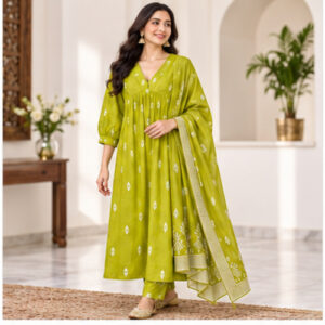 Women's Lime  Mustard Green All-over printed motif Kurti Set with Bottom & Dupatta