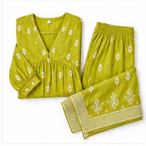 Women's Lime Mustard Green All-over printed motif Kurti Set with Bottom & Dupatta - Image 7