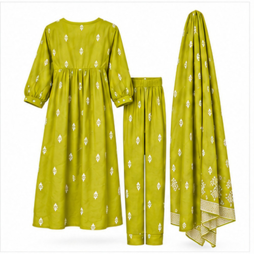 Women's Lime Mustard Green All-over printed motif Kurti Set with Bottom & Dupatta - Image 4