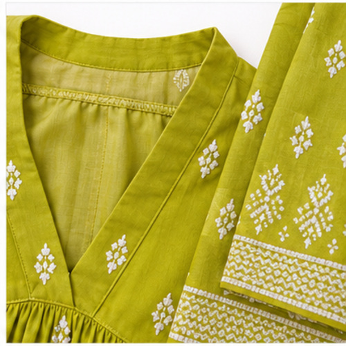 Women's Lime Mustard Green All-over printed motif Kurti Set with Bottom & Dupatta - Image 6