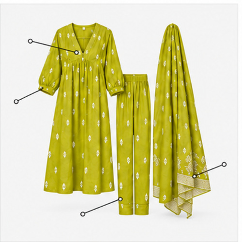 Women's Lime Mustard Green All-over printed motif Kurti Set with Bottom & Dupatta - Image 8