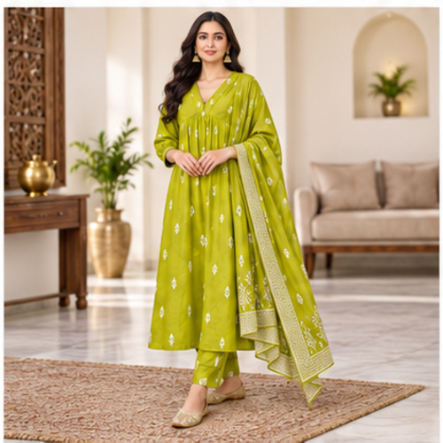 Women's Lime Mustard Green All-over printed motif Kurti Set with Bottom & Dupatta - Image 2