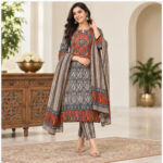 Women's Grey  Multicolor Geometric ethnic print Kurti Set with Bottom & Dupatta