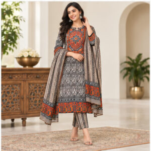 Women's Grey  Multicolor Geometric ethnic print Kurti Set with Bottom & Dupatta