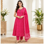 Women's Pink Textured  tonal pattern Kurti Set with Bottom & Dupatta