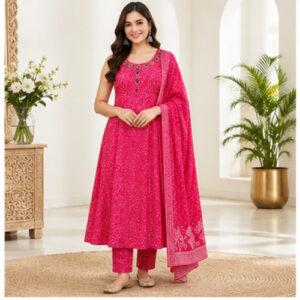 Women's Pink Textured tonal pattern Kurti Set with Bottom & Dupatta