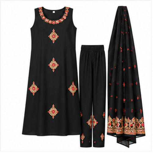 Women's Black Gold ethnic motif Kurti Set with Bottom & Dupatta - Image 3