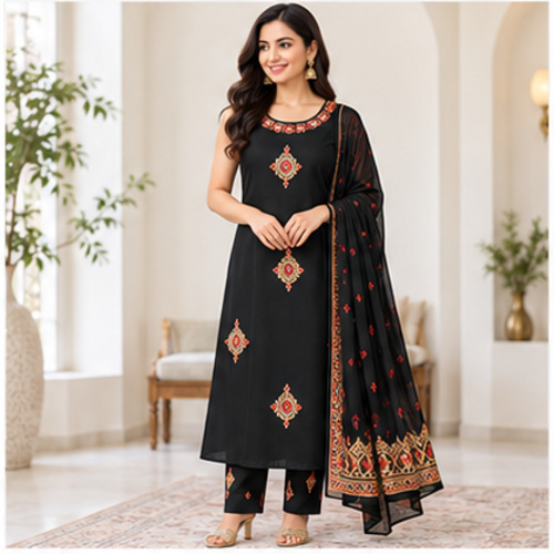 Women's Black Gold ethnic motif Kurti Set with Bottom & Dupatta - Image 2