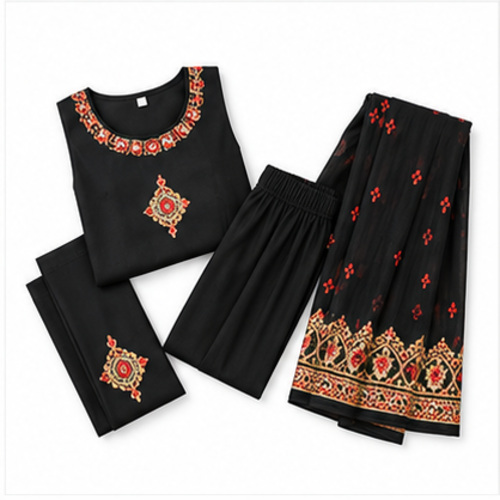 Women's Black Gold ethnic motif Kurti Set with Bottom & Dupatta - Image 5
