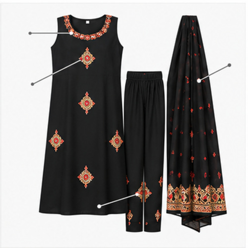 Women's Black Gold ethnic motif Kurti Set with Bottom & Dupatta - Image 8