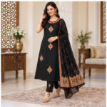 Women's Black Gold ethnic motif Kurti Set with Bottom & Dupatta