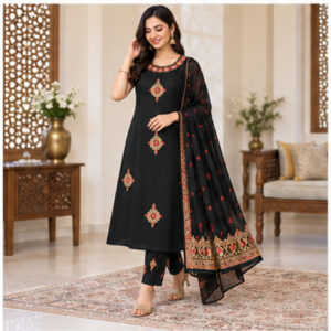 Women's Black Gold ethnic motif Kurti Set with Bottom & Dupatta
