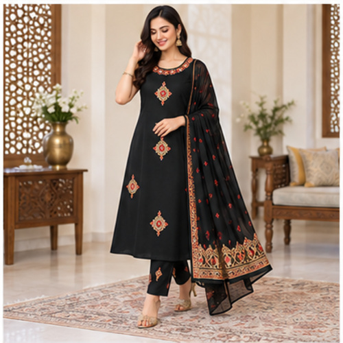 Women's Black Gold ethnic motif Kurti Set with Bottom & Dupatta