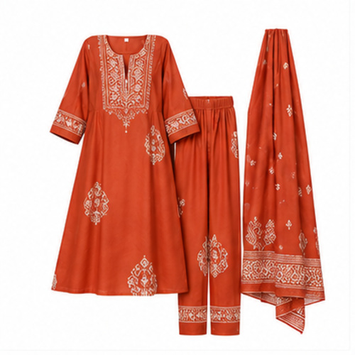 Women's Rust Orange Ethnic motif embroidered-look yoke Kurti Set with Bottom & Dupatta - Image 3