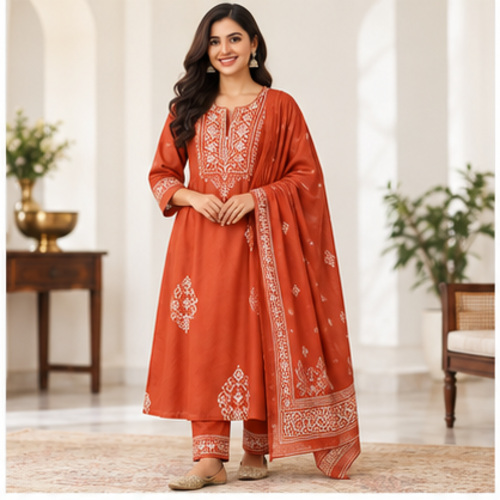 Women's Rust Orange Ethnic motif embroidered-look yoke Kurti Set with Bottom & Dupatta - Image 2