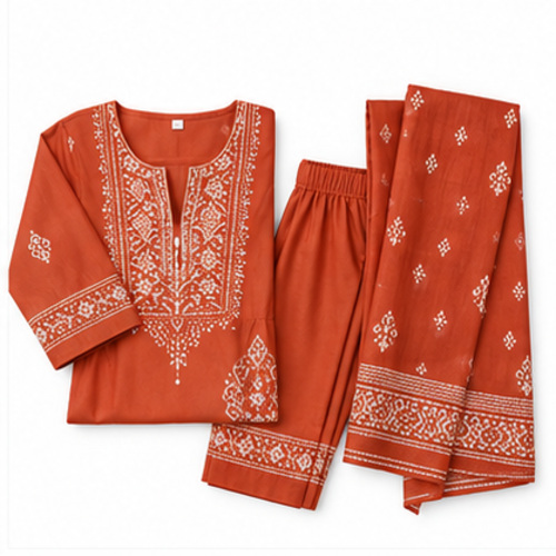 Women's Rust Orange Ethnic motif embroidered-look yoke Kurti Set with Bottom & Dupatta - Image 4