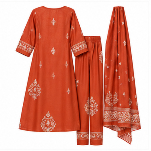 Women's Rust Orange Ethnic motif embroidered-look yoke Kurti Set with Bottom & Dupatta - Image 5