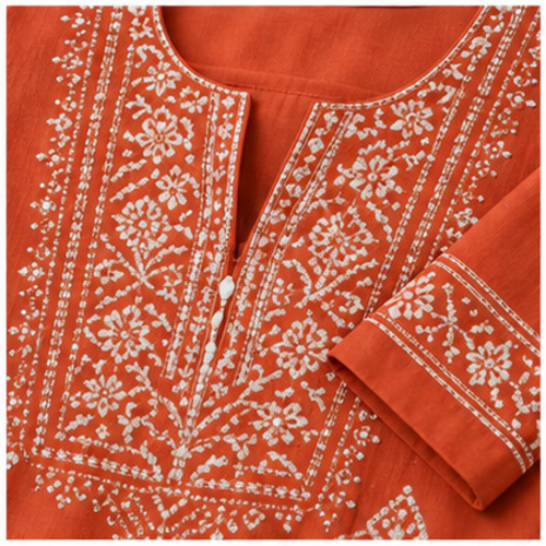 Women's Rust Orange Ethnic motif embroidered-look yoke Kurti Set with Bottom & Dupatta - Image 7