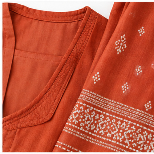 Women's Rust Orange Ethnic motif embroidered-look yoke Kurti Set with Bottom & Dupatta - Image 6