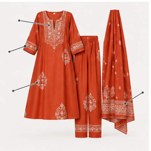 Women's Rust Orange Ethnic motif embroidered-look yoke Kurti Set with Bottom & Dupatta - Image 8