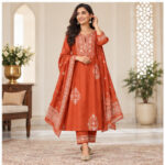 Women's Rust  Orange Ethnic motif  embroidered-look yoke Kurti Set with Bottom & Dupatta