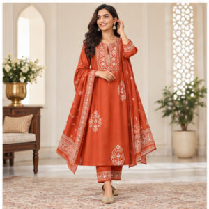 Women's Rust  Orange Ethnic motif  embroidered-look yoke Kurti Set with Bottom & Dupatta