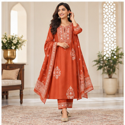 Women's Rust Orange Ethnic motif embroidered-look yoke Kurti Set with Bottom & Dupatta
