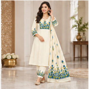 Women's Ivory Cream Blue-green floral border motif Kurti Set with Bottom & Dupatta