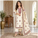 Women's Ivory  Maroon Geometric ethnic motif Kurti Set with Bottom & Dupatta