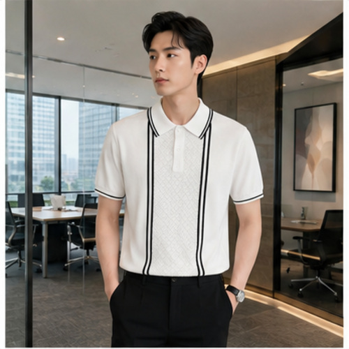 White Black Strip Men's Casual Shirt Polo Top - Image 2