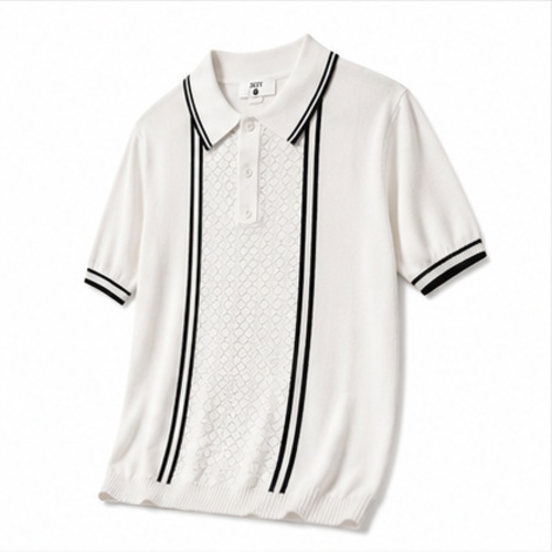 White Black Strip Men's Casual Shirt Polo Top - Image 3