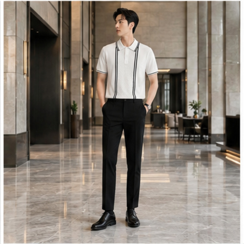 White Black Strip Men's Casual Shirt Polo Top - Image 8