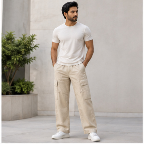 Men's Beige Relaxed Cargo Track Pant - Image 2