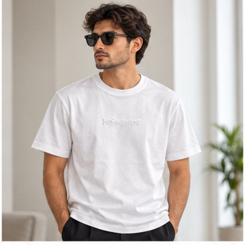 Men's White Round Neck Short Sleeve Minimal T-Shirt - Image 2