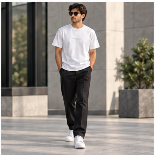 Men's White Round Neck Short Sleeve Minimal T-Shirt - Image 8