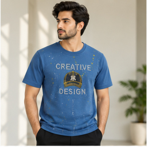 Men's Blue Round Neck Short Sleeve Typography graphic T-Shirt - Image 2