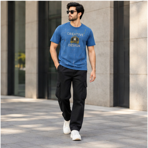 Men's Blue Round Neck Short Sleeve Typography graphic T-Shirt - Image 5