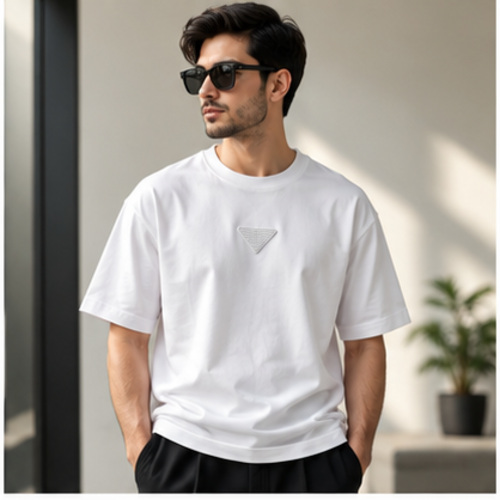 Men's White Round Neck Short Sleeve Minimal T-Shirt - Image 3