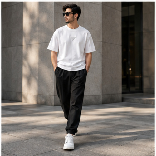 Men's White Round Neck Short Sleeve Minimal T-Shirt - Image 7