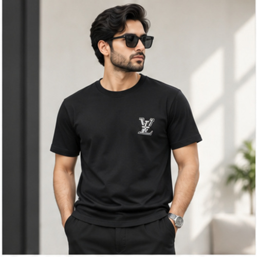 Men's Black Round Neck Short Sleeve Small chest graphic T-Shirt - Image 3