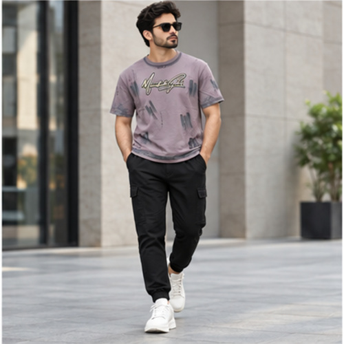 Men's Mauve Grey Round Neck Short Sleeve Script graphic T-Shirt - Image 7