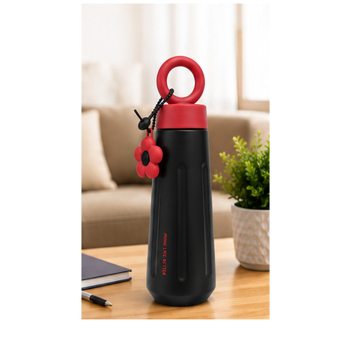 Black Red Sports Bottle with Ring Handle - Image 2