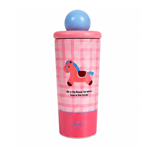 Pink Checked Cute Character Bottle