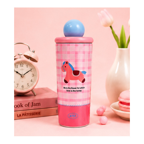 Pink Checked Cute Character Bottle - Image 2