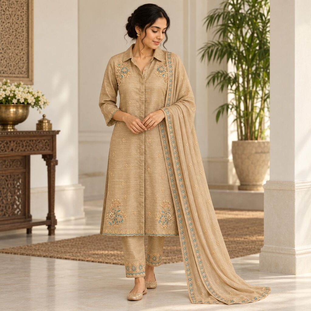 Beige Embroidered Collared Women's Kurti Set